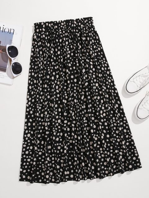 Black Plus Allover Print A-line Midi Skirt