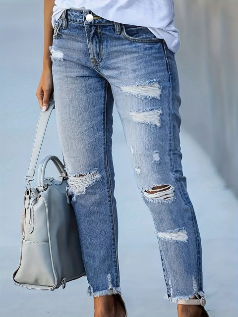 Plus Size Ripped Hem Distressed Blue Jeans