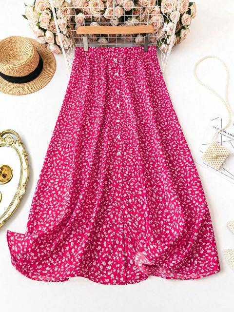 Hot Pink Plus Size Ditsy Floral Pleated Single-Breasted Elegant Skirt