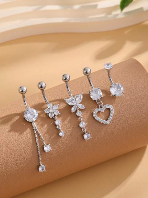 5pcs Stainless Steel Curved Barbell Navel Rings Set With Sparkling Cubic Zirconia Butterfly Heart Flower Shaped Women's Dangle Belly Button Piercing Jewelry, Daily Wear
