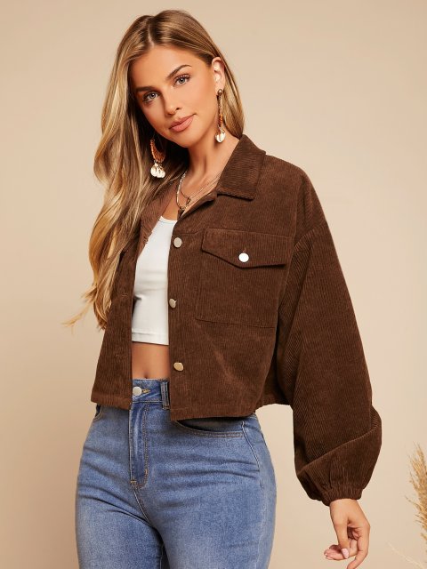 Flap Pocket Bishop Sleeve Corduroy Jacket