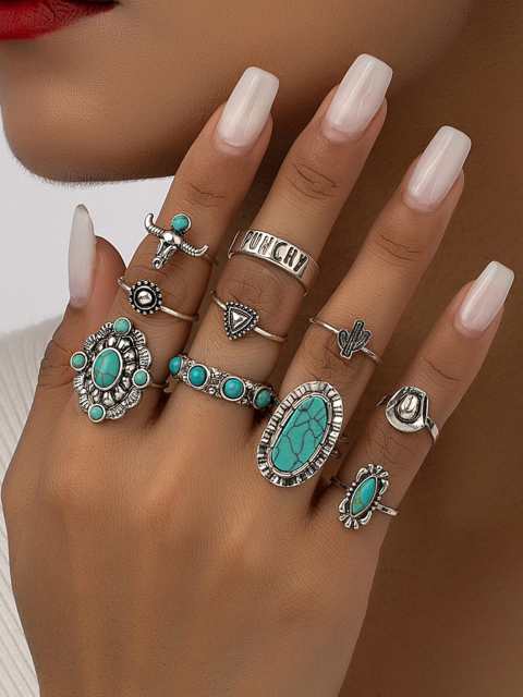 10 Pcs Western Style Turquoise Stone Decor Stacked Rings Set for Women Birthday Gift
