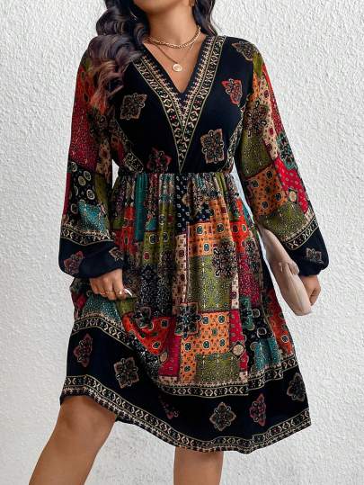 Fall Women Dresses Plus Size Vintage Patchwork Pattern Bohemian V-Neck Lantern Sleeve Dress Fall Wedding Guest Dress Business Casual Woman Work Dress Business Dress