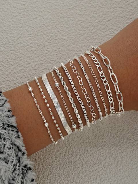 11pcs Simple Love Beaded Snake Chain Bracelet Set For Women, Perfect For Date, Vacation, Gift And Daily Wear