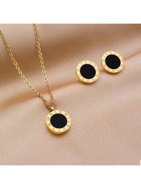 1set Fashionable Stainless Steel Roman Numeral Necklace And Earrings Set For Women, Gift