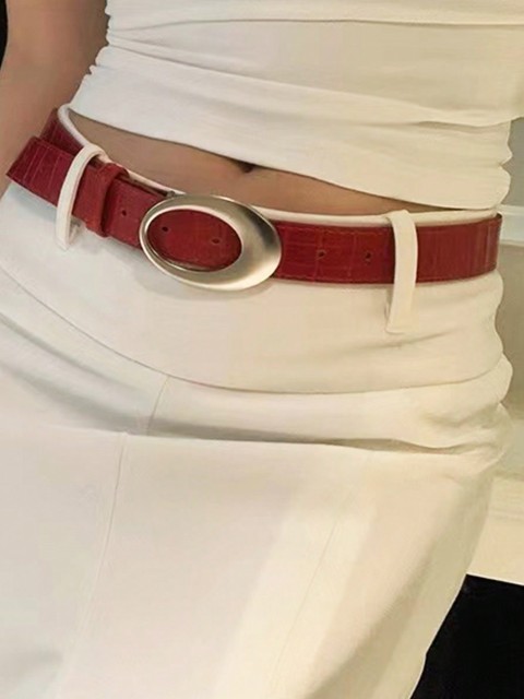 American Vintage Y2K Style Women's Belt, 2024 New Red Crocodile Pattern Leather Belt, Simple And High-End Accessory