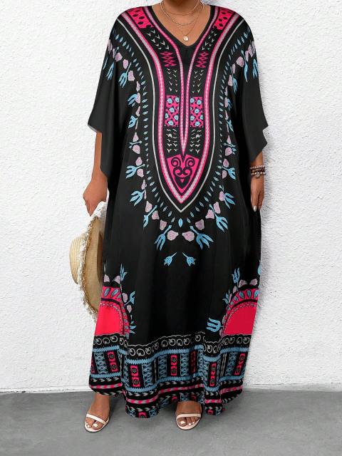 Boho Chic Multicolor Batwing Sleeve Tunic Dress for Plus Size Women