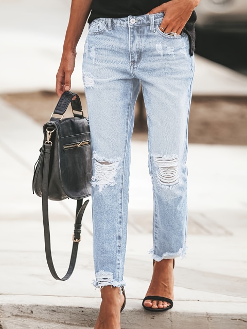 Women's Stretchy Ripped Boyfriend Jeans – Vintage Distressed Denim Pants