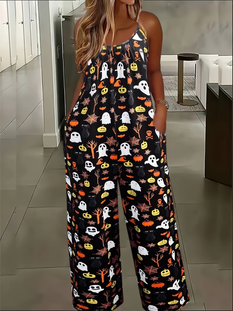 Vibrant Halloween Ghost Print Spaghetti Strap Jumpsuit
