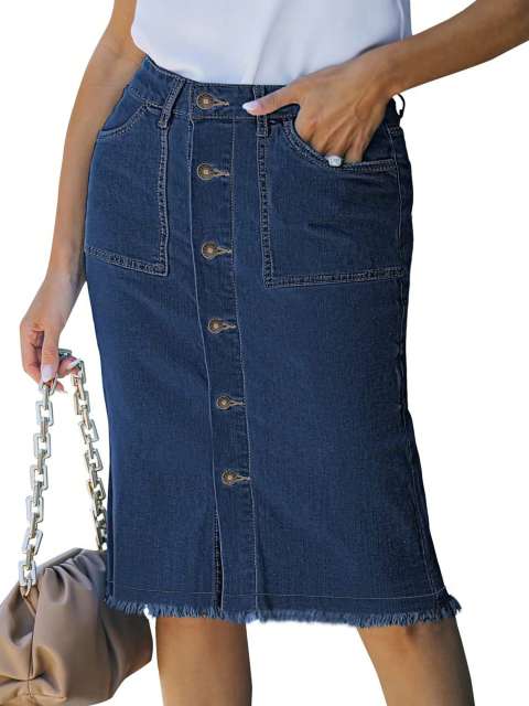 Plus Size High Waist Stretch Denim Pencil Skirt for Women - Dark Wash