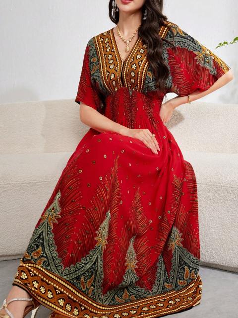 Najma Women Fashionable Elegant Printed Retro Paisley Graphic Summer Dress, Casual Short Sleeve Loose Kaftan Dress For Summer