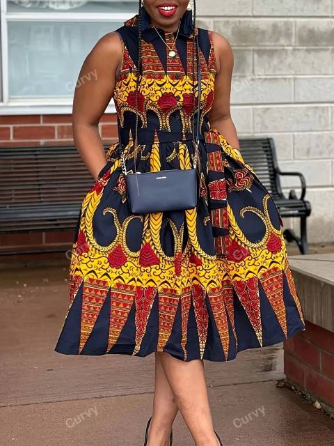 Plus Size Boho Sleeveless Color Block Dress with Belted Waist