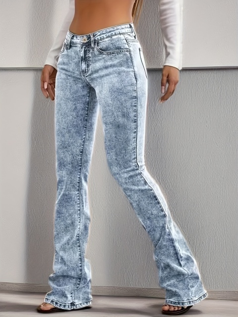 Snowflake Washed Flare Leg Bootcut Jeans – Slim Fit Streetwear Denim Pants