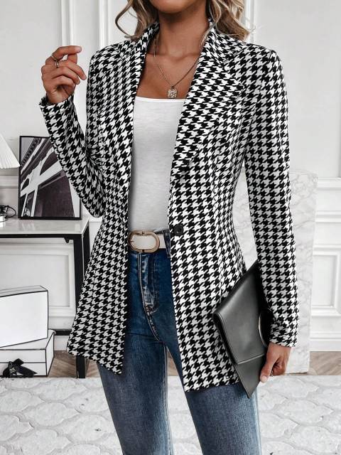 Clasi Women's Elegant Houndstooth Waist Slimming Blazer Jacket
