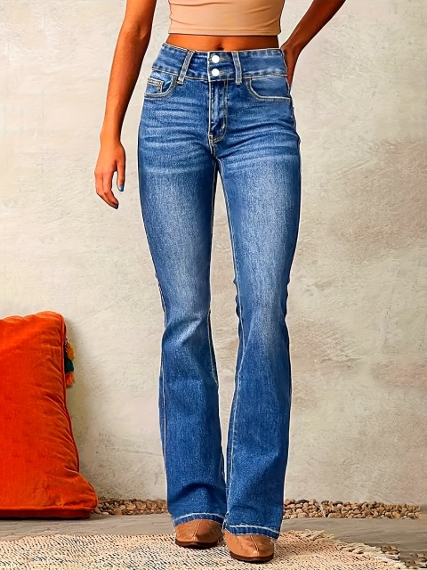 Stylish Plus Size Whiskering Double Button Flare Leg High Rise Bootcut Jeans