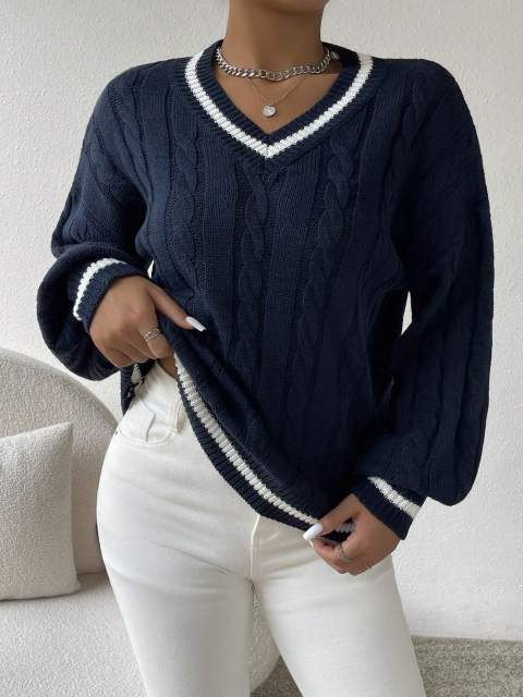 Navy Blue Striped Trim Cable Knit Drop Shoulder Sweater
