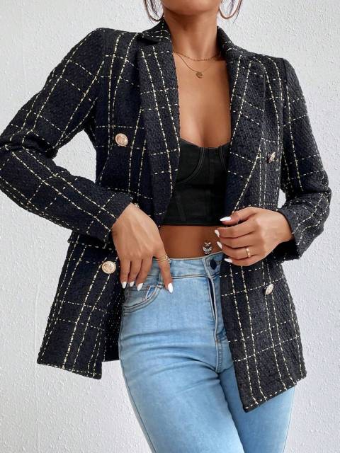 Frenchy Women's Elegant Plaid Double Breasted Tweed Blazer