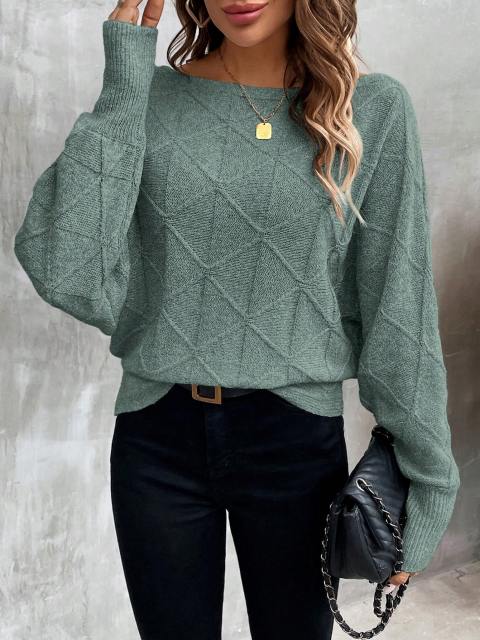Olive Green Boat Neck Batwing Sleeve Sweater for Women