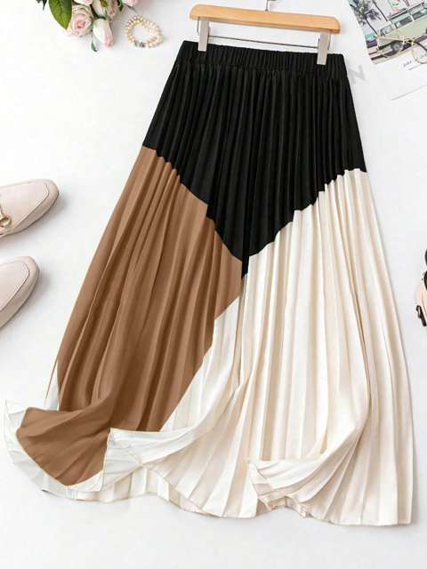 Multicolor Plus Size Women's Summer Contrast Color Pleated Flared Casual Skirt