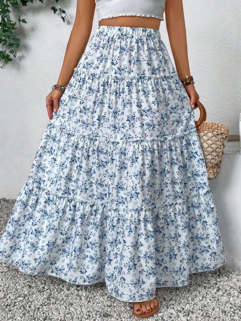Multicolor Plus Size Vacation Leisure Small Ditsy Floral Long Skirt