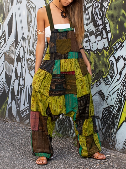 Vintage Chic Patchwork Print Strappy Back Jumpsuit for Women