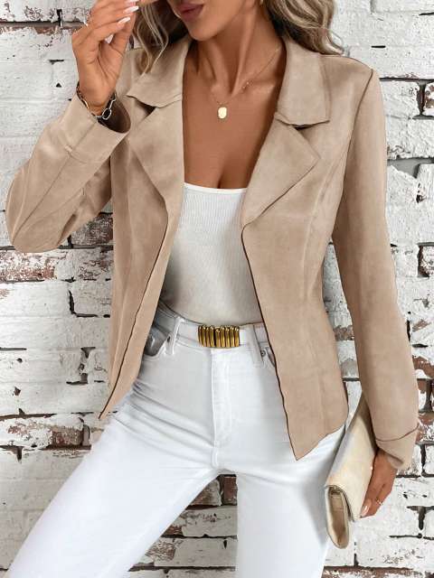 Clasi Women's Elegant Turndown Collar Cinched Waist Suede Jacket