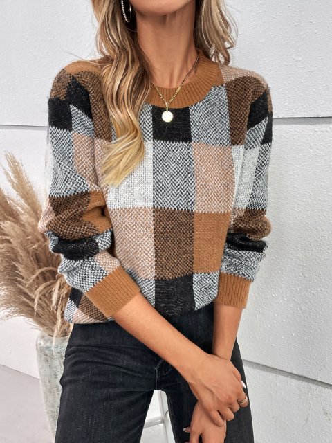 Multicolor Plaid Pattern Drop Shoulder Sweater