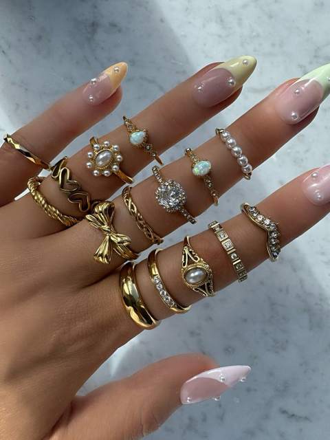 15pcs/Set Bohemian Style Rhinestone, Pearl, Flower, Geometric & Bow Design Rings For Women