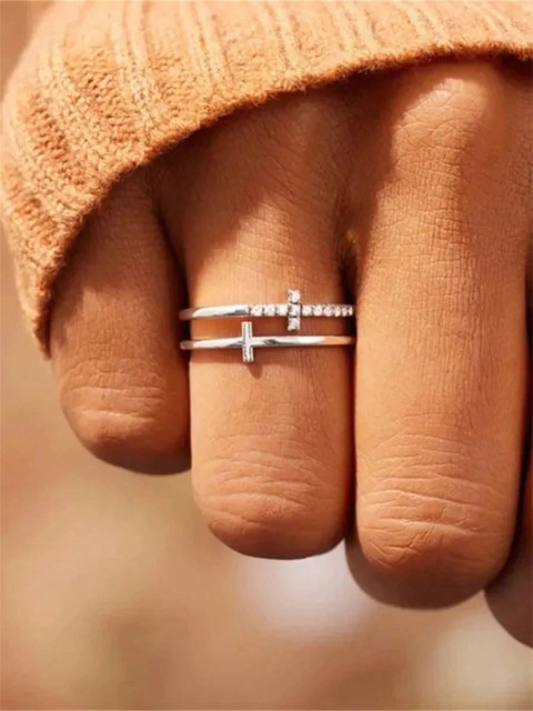 1 PC Glamorous Cross Cubic Zirconia Ring For Women For Wedding Engagement Anniversary Party Band Jewelry Valentine's Day Gift