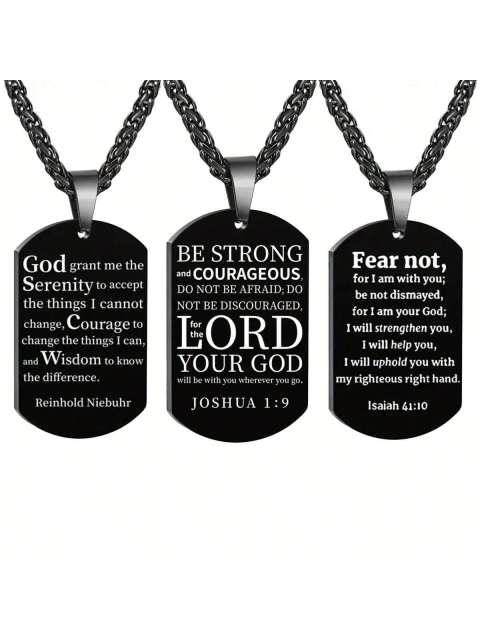 1pc Black Fashion Dog Tag Necklace, Bible Verse Pendant, Men Stainless Steel Cross Jewelry Gift