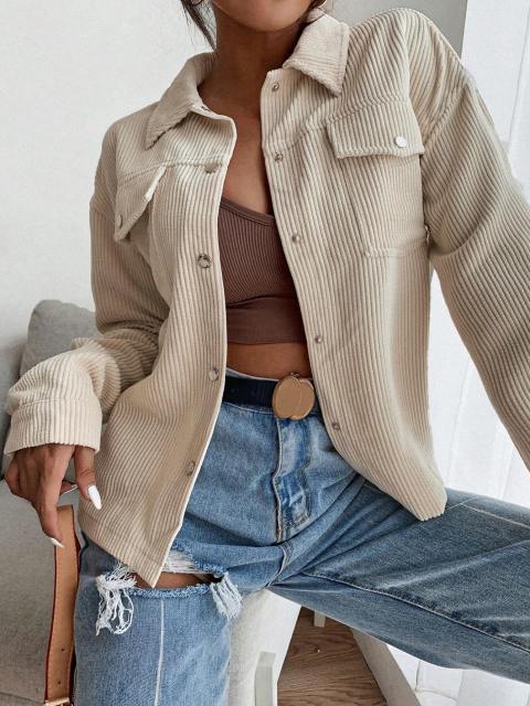 Apricot Corduroy Flap Pocket Button Front Shacket