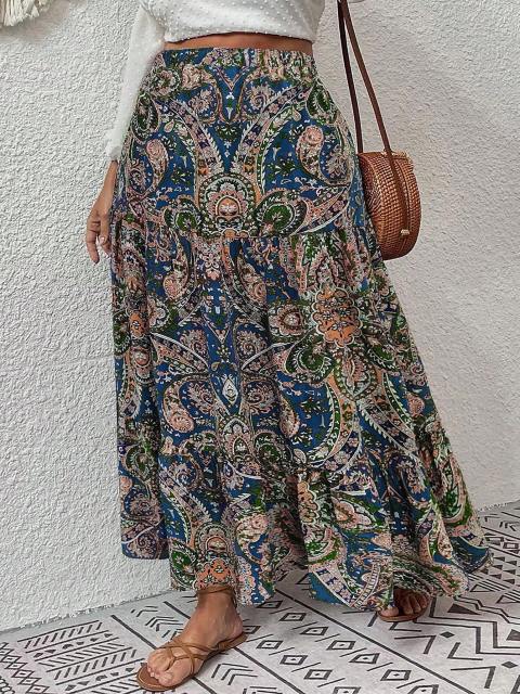 Plus Size Paisley Print Ruffle Hem Maxi Skirt - Boho Chic
