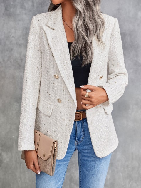 Elegant White Tweed Double Breasted Lapel Blazer