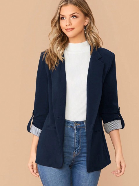 Navy Blue Notched Collar Roll Tab Sleeve Blazer