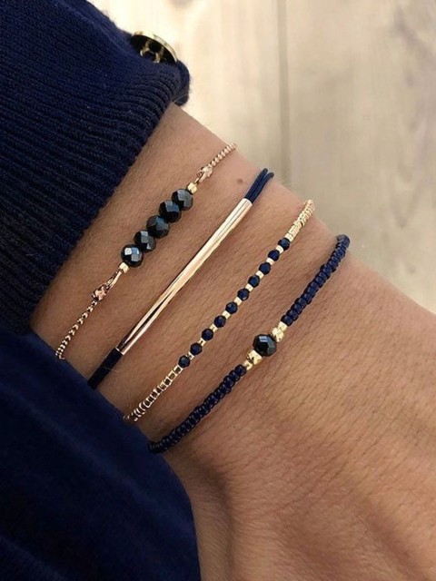 4pcs Black Crystal Handmade Fashion Bracelet Set For Women, Vacation Party Jewelry Festival Gift