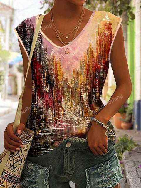 Spring/Summer New Fashionable Vintage City Print Tank Top For Versatile Matching
