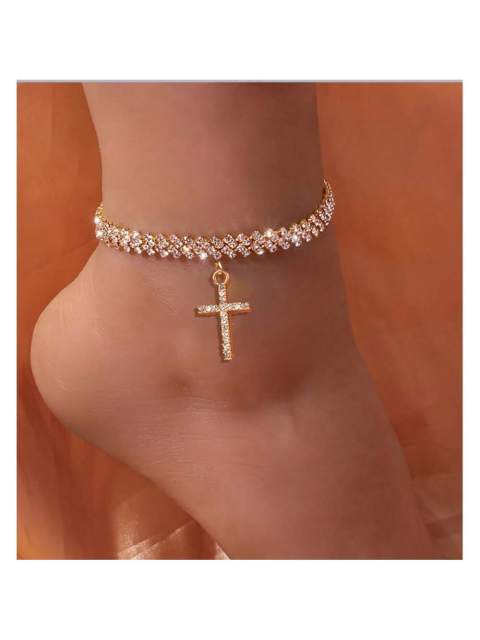 1pc Elegant Rhinestone Inlaid Cross Pendant Anklet, Zinc Alloy, Minimalist Sexy Style, Summer Beach Foot Chain Jewelry, Adjustable Size For Women