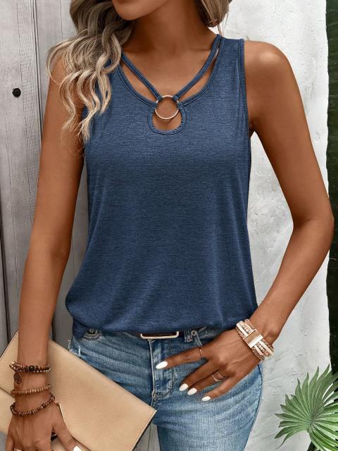  Women's Solid Color O-Ring Decor Casual Tank Top