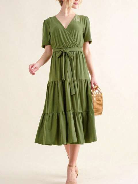 Elegant Green Tiered Wrap Midi Dress with Ruffle Hem