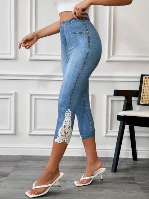  Women's Color Blocking Lace Patchwork 7/10 Length Leggings For Summer Lounge Pants Summer Women Dresses Teacher Clothes Going Out Tights