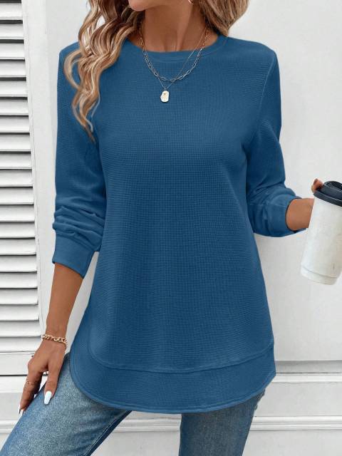  Women's Casual Comfortable Crew Neck Asymmetrical Hem Waffle Texture Basic Sweatshirt