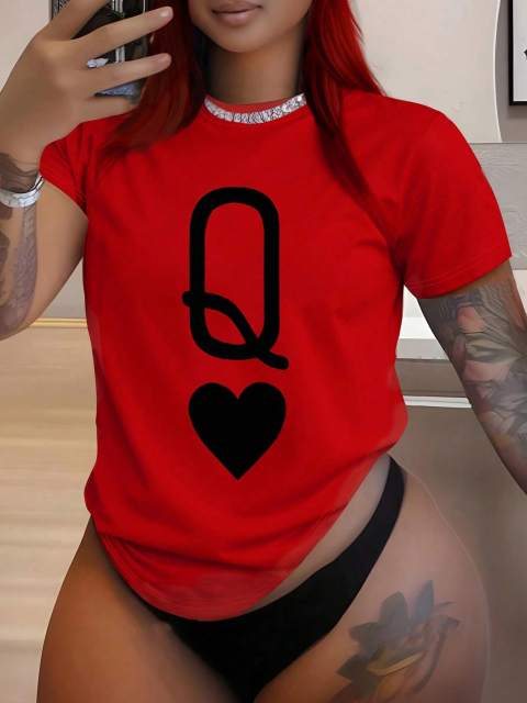 Women's Casual T-Shirt With Poker Card Queen Pattern, Spring & Summer