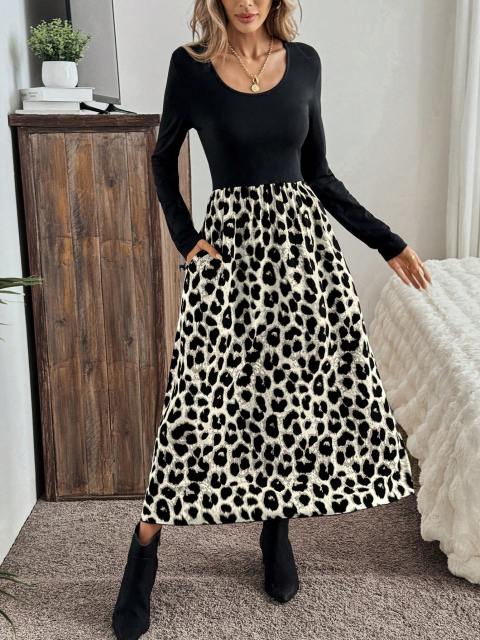 LUNE Women U-Neck Contrast Color Patchwork A-Line Midi Dress With Pockets, Casual And Elegant For Commuting And Going Out In Autumn/Winter
