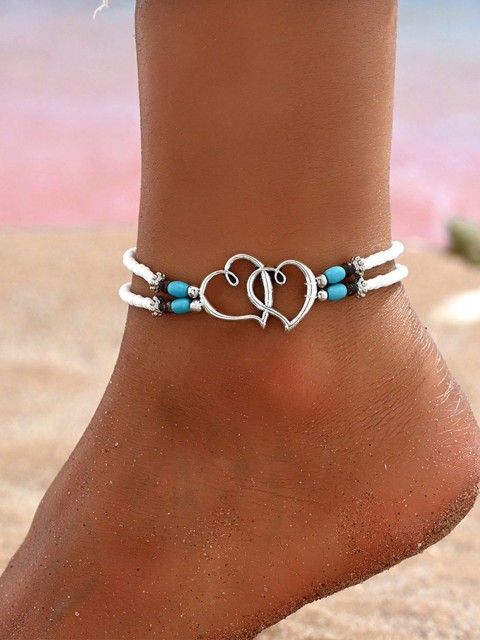 1pc Bohemian Style Beaded Double Layer Heart & Turquoise Anklet