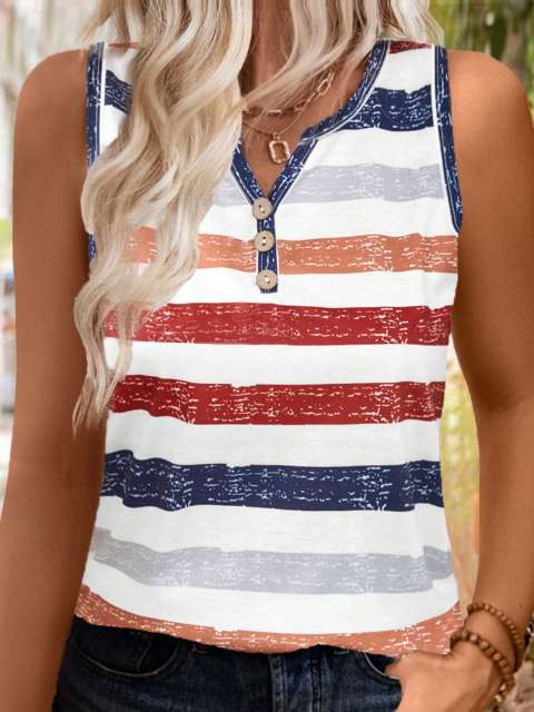  Ladies' Fashionable Summer Striped Top With Notched V-Neck And Random Print