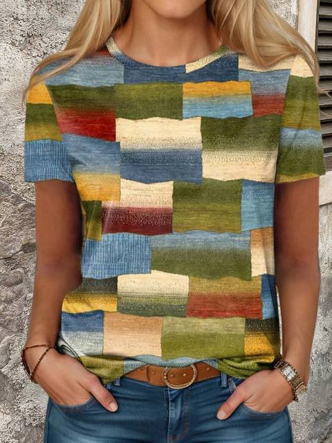 Women's Color Block Short Sleeve T-Shirt For Summer