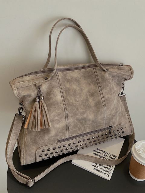 Vintage Grey PU Leather Large Capacity Tote Bag with Rivet and Tassel Decoration