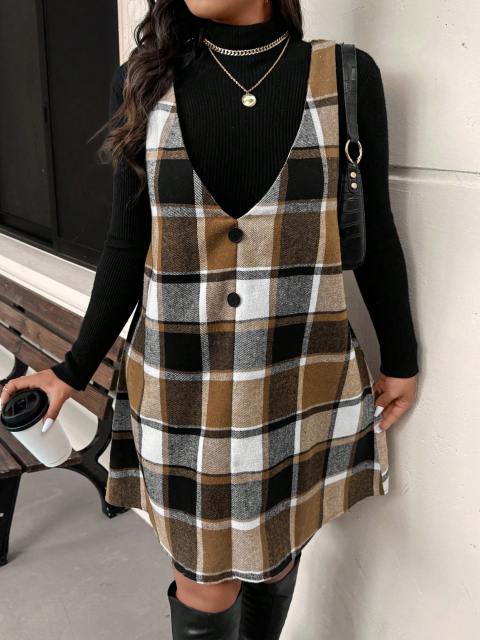 Plaid V-Neck Sleeveless Pinafore Dress for Plus Size Women