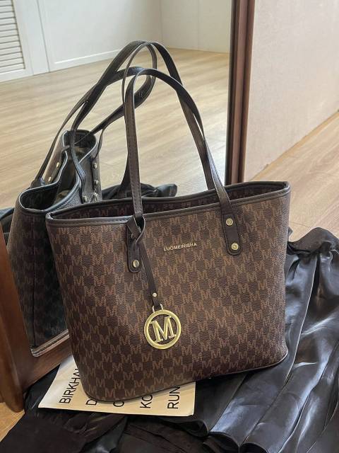New Fashion Women's Coffee Brown Geometric Textured Pattern PU Leather Tote Bag