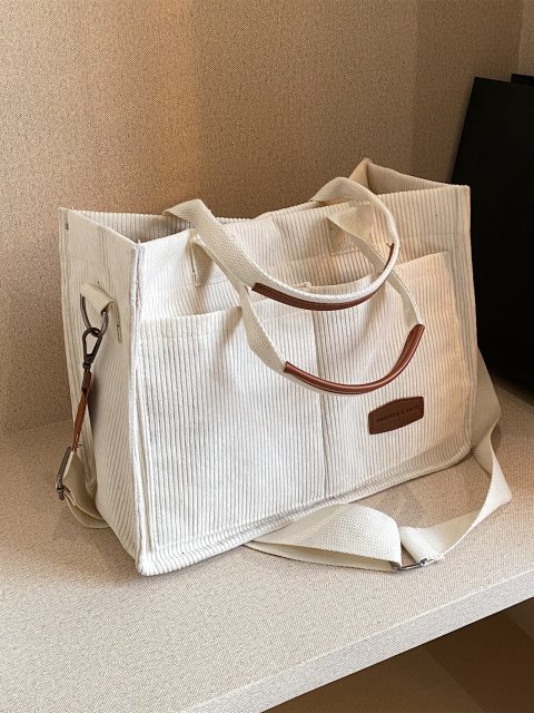 Stylish Striped Foldable Shopper Bag - White Polyester Letter Patch Decor
